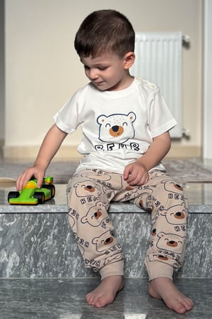 Breeze Erkek Bebek Eşofman Takımı Kısa Kollu Sevimli Ayıcık Baskılı 9 Ay-3 Yaş, Ekru