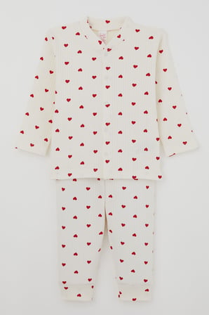 Breeze Kız Bebek Pijama Takımı Kalp Desenli Önden Çıtçıtlı 4 Ay - 1 Yaş , Krem