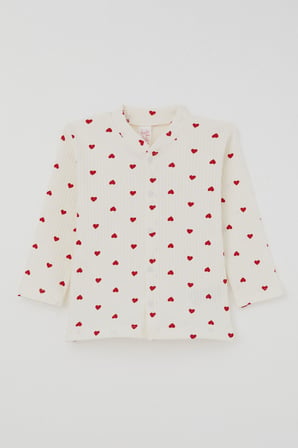Breeze Kız Bebek Pijama Takımı Kalp Desenli Önden Çıtçıtlı 4 Ay - 1 Yaş , Krem