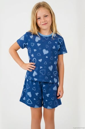 Breeze Kız Çocuk Şortlu Pijama Takımı Kalp Desenli 4-8 Yaş, İndigo