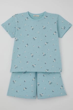 Breeze Kız Çocuk Şortlu Pijama Takımı Çiçek Desenli 4-8 Yaş, Açık Mavi