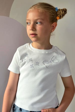 Breeze Kız Çocuk Crop Tişört Taşlı Fiyonk Baskılı 7-12 Yaş, Ekru