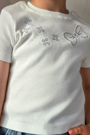 Breeze Kız Çocuk Crop Tişört Taşlı Fiyonk Baskılı 7-12 Yaş, Ekru