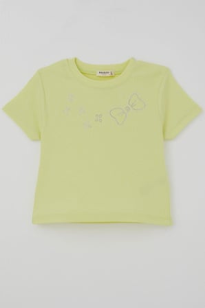 Breeze Kız Çocuk Crop Tişört Taşlı Fiyonk Baskılı 7-12 Yaş, Fıstık Yeşili