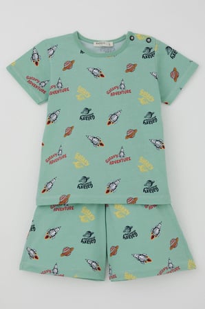 Breeze Erkek Bebek Şortlu Pijama Takımı Galaksi Macerası Temalı 9 Ay-3 Yaş, Su Yeşili