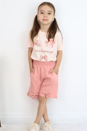 Breeze Kız Çocuk Şortlu Takım Fiyonk Desenli Şortu Fiyonk Aksesuarlı 1.5-5 Yaş, Pudra