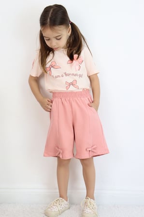 Breeze Kız Çocuk Şortlu Takım Fiyonk Desenli Şortu Fiyonk Aksesuarlı 1.5-5 Yaş, Pudra