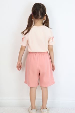 Breeze Kız Çocuk Şortlu Takım Fiyonk Desenli Şortu Fiyonk Aksesuarlı 1.5-5 Yaş, Pudra