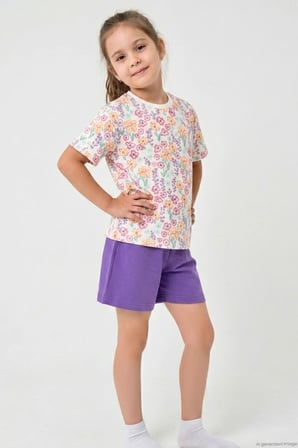 Breeze Kız Çocuk Şortlu Pijama Takımı Renkli Çiçek Desenli 4-8 Yaş, Beyaz