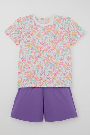 Breeze Kız Çocuk Şortlu Pijama Takımı Renkli Çiçek Desenli 4-8 Yaş, Beyaz