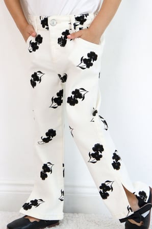 Escabel Kız Çocuk Jean Pantolon Çiçek Desenli Paçası Yırtmaçlı 1.5-5 Yaş, Ekru