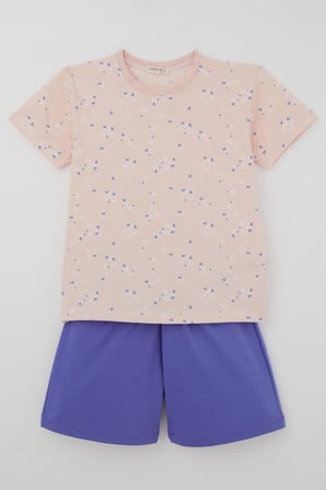 Breeze Kız Çocuk Şortlu Pijama Takımı Çiçek Desenli 4-8 Yaş, Pudra