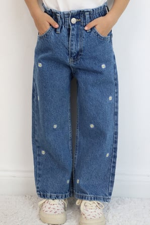 Breeze Kız Çocuk Jean Pantolon Papatya Nakışlı Düğmeli 1.5-5 Yaş, Mavi