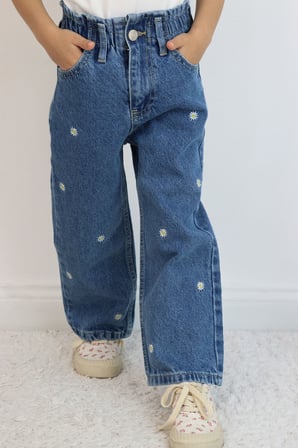 Breeze Kız Çocuk Jean Pantolon Papatya Nakışlı Düğmeli 1.5-5 Yaş, Mavi