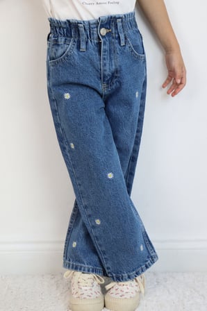 Breeze Kız Çocuk Jean Pantolon Papatya Nakışlı Düğmeli 1.5-5 Yaş, Mavi