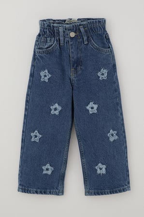 Breeze Kız Çocuk Jean Pantolon Yıldız Nakışlı Beli Lastikli Düğmeli 1.5-5 Yaş, Mavi