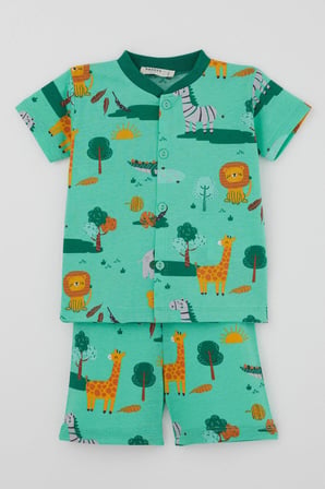 Breeze Erkek Bebek Şortlu Pijama Takımı Safari Temalı Sevimli Hayvancıklar Desenli 4 Ay - 1 Yaş , Yeşil