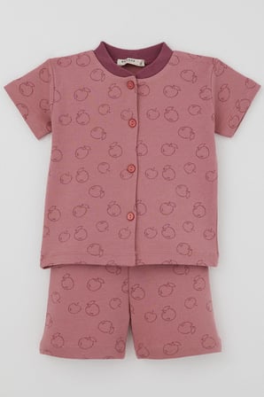 Breeze Kız Bebek Pijama Takımı Elma Desenli Önden Düğmeli 4 Ay - 1 Yaş , Gülkurusu