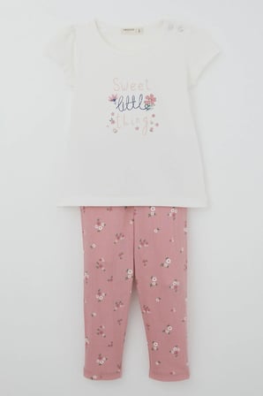 Breeze Kız Çocuk Kısa Kollu Taytlı Takım Çiçek Desenli 1.5-5 Yaş , Ekru