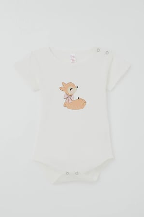 Breeze Kız Çocuk Çıtçıtlı Kısa Kollu Zıbın Body Sevimli Ceylan Baskılı 1-3 Yaş , Ekru