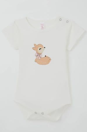 Breeze Kız Çocuk Çıtçıtlı Kısa Kollu Zıbın Body Sevimli Ceylan Baskılı 1-3 Yaş , Ekru