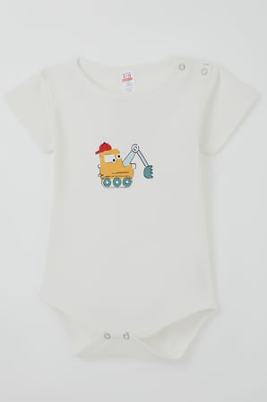 Breeze Erkek Çocuk Çıtçıtlı Kısa Kollu Zıbın Body Şapkalı Sevimli İş Makinesi Baskılı 1-3 Yaş , Ekru