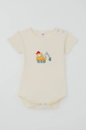 Breeze Erkek Çocuk Çıtçıtlı Kısa Kollu Zıbın Body Şapkalı Sevimli İş Makinesi Baskılı 1-3 Yaş , Krem