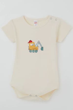 Breeze Erkek Çocuk Çıtçıtlı Kısa Kollu Zıbın Body Şapkalı Sevimli İş Makinesi Baskılı 1-3 Yaş , Krem