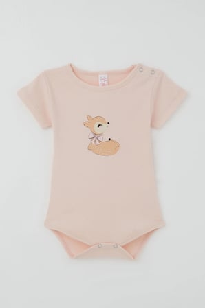 Breeze Kız Çocuk Çıtçıtlı Kısa Kollu Zıbın Body Sevimli Ceylan Baskılı 1-3 Yaş , Pudra