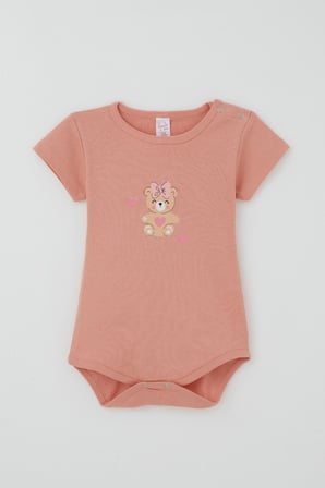 Breeze Kız Çocuk Çıtçıtlı Kısa Kollu Zıbın Body Sevimli Bebek Ayıcık  Baskılı 1-3 Yaş , Gülkurusu