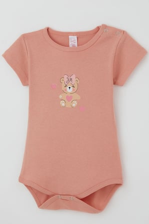 Breeze Kız Çocuk Çıtçıtlı Kısa Kollu Zıbın Body Sevimli Bebek Ayıcık  Baskılı 1-3 Yaş , Gülkurusu
