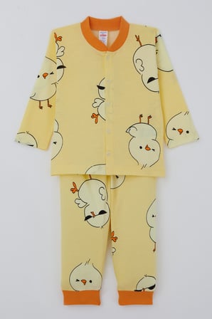 Breeze Erkek Bebek Pijama Takımı Sevimli Civciv Desenli Önden Çıtçıtlı 4 Ay - 1 Yaş , Sarı