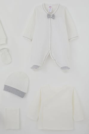 Breeze Erkek Bebek Hastane Çıkışı 10 Lu Sabit Yelekli Fiyonk Aksesuarlı 0-3 Ay , Ekru