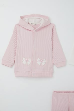Breeze Kız Bebek Bodyli 3 Lü Takım Fiyonk Arma Nakışlı 4 Ay - 1 Yaş , Pembe