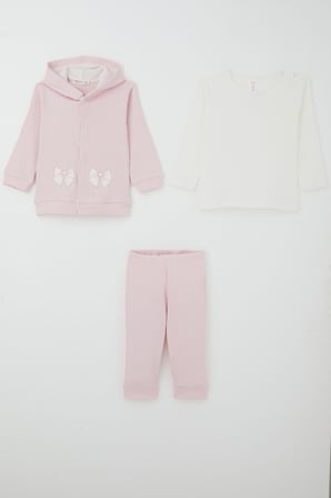 Breeze Kız Bebek Bodyli 3 Lü Takım Fiyonk Arma Nakışlı 4 Ay - 1 Yaş , Pembe