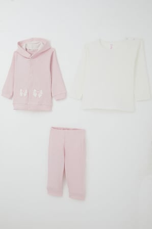 Breeze Kız Bebek Bodyli 3 Lü Takım Fiyonk Arma Nakışlı 4 Ay - 1 Yaş , Pembe