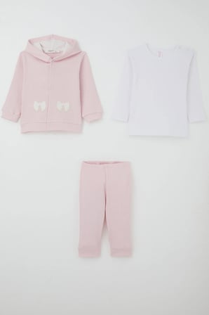 Breeze Kız Bebek Bodyli 3 Lü Takım Fiyonk Arma Nakışlı 4 Ay - 1 Yaş , Pembe