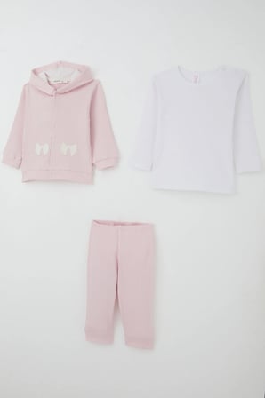Breeze Kız Bebek Bodyli 3 Lü Takım Fiyonk Arma Nakışlı 4 Ay - 1 Yaş , Pembe