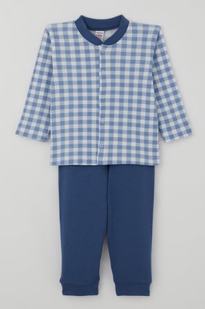 Breeze Erkek Bebek Pijama Takımı Ekose Desenli Önden Çıtçıtlı 4 Ay - 1 Yaş , Mavi