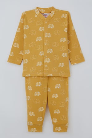 Breeze Erkek Bebek  Pijama Takımı Sevimli  Bebek Fil Desenli Önden Çıtçıtlı 4 Ay - 1 Yaş , Hardal Sarı