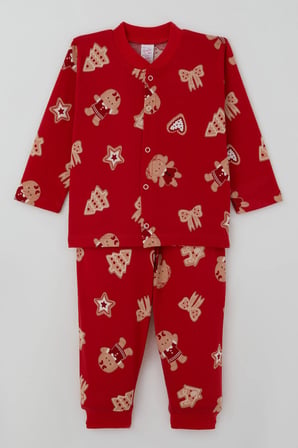 Breeze Kız Bebek Pijama Takımı Sevimli Kurabiye Bebek & Fiyonk Desenli Önden Çıtçıtlı 4 Ay - 1 Yaş , Kırmızı