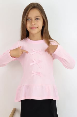 Breeze Kız Çocuk Uzun Kollu Bluz Fiyonk Aksesuarlı 4-8 Yaş , Pembe