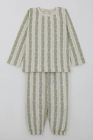 Breeze Kız Bebek Pijama Takımı Mavi Floral Çiçek Desenli Şeritli 9 Ay - 3 Yaş , Ekru