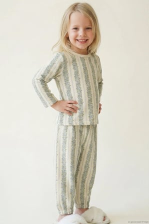 Breeze Kız Bebek Pijama Takımı Mavi Floral Çiçek Desenli Şeritli 9 Ay - 3 Yaş , Ekru