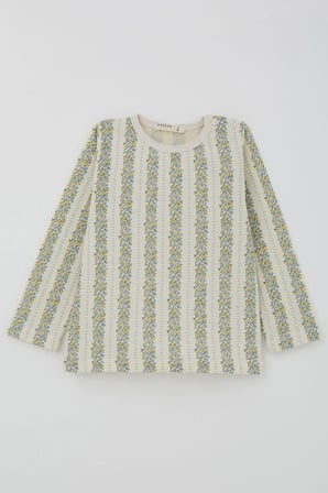 Breeze Kız Bebek Pijama Takımı Mavi Floral Çiçek Desenli Şeritli 9 Ay - 3 Yaş , Ekru