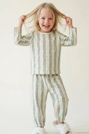 Breeze Kız Bebek Pijama Takımı Mavi Floral Çiçek Desenli Şeritli 9 Ay - 3 Yaş , Ekru