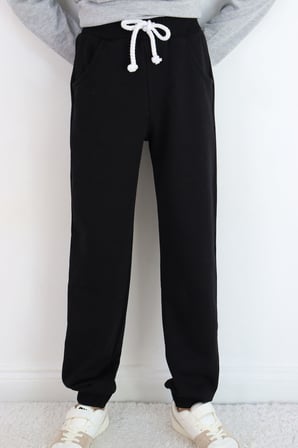 Breeze Çocuk Eşofman Altı Unisex Bağcıklı Cepli Düz Renk 10-14 Yaş , Siyah