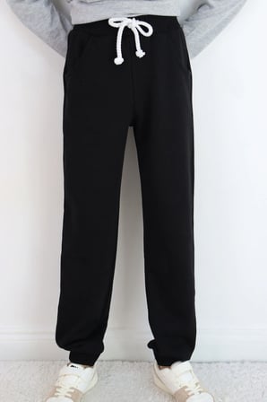 Breeze Çocuk Eşofman Altı Unisex Bağcıklı Cepli Düz Renk 10-14 Yaş , Siyah