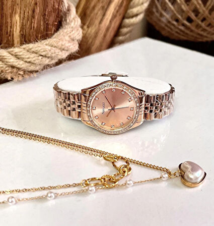 Ferrucci Rose Jübile Kordon Çelik Kadın Kol Saat+%100 Çelik Kolye Hediye