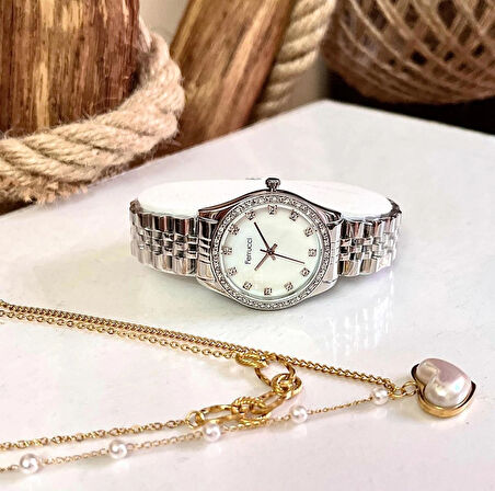 Silver Renk Zirkon Taşlı Jübile Kordon Çelik Kadın Kol Saat+%100 Çelik Kolye Hediye